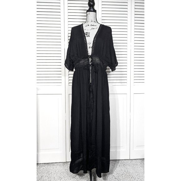 Sheer Black Crochet Maxi Kimono - Picture 6 of 7